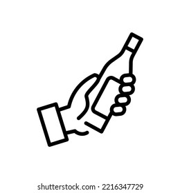 Vino en el icono de la línea de mano. Botella, uvas, vidrio, mano, envejecimiento, hora, reloj, sabor, condiciones de almacenamiento, temperatura, queso. El concepto de restaurante. Icono de línea negra del vector en fondo blanco