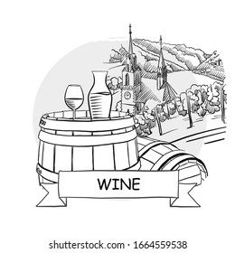 Wine Hand-Drawn Urban Vector Sign. Black Line Art Illustration with Ribbon and Title.