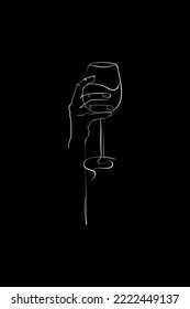 Wine Hands Art Print, Wine Woman Line Art, Drinker Poster, Minimalist Lover Art, Line Drawing Wine Glass, Line Art Wine Print, White Line, Black Background
