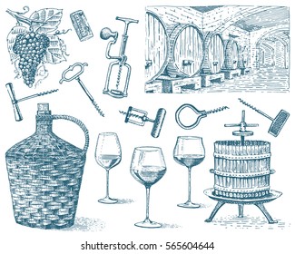 wine harvest products, press, grapes, vineyards corkscrews glasses bottles in vintage style, engraved hand drawn sketch.