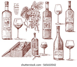 wine harvest products, press, grapes, vineyards corkscrews glasses bottles in vintage style, engraved hand drawn sketch.