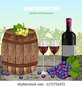 Wine history card with full glasses and bottle Vector. Vineyard backgrounds