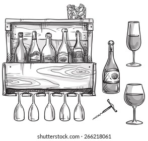 Wine holder, bottles and glasses