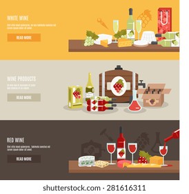 Wine horizontal banner set with red and white products isolated vector illustration