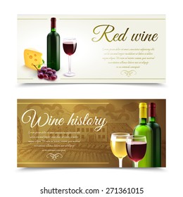 Wine horizontal banners set with cheese and grape bunch isolated vector illustration