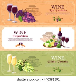 Wine horizontal banners set with red and white varieties and advertising of degustation hall flat vector illustration