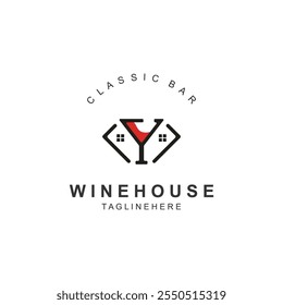 Wine house logo design cretive with drink glass and house template