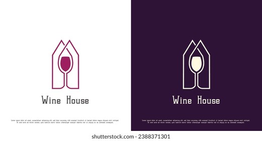 Wine house logo design illustration. Silhouette shadow house fruit grapes fresh drink beverage bar bartender club night alcohol liquor in glass. Simple minimalist elegant luxury flat symbol.