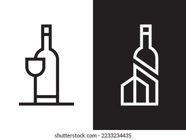 wine and house logo. glass bottle line style icon vector design.