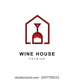 Plantilla del logotipo de la casa del vino con el vidrio de la bebida y el icono de la casa