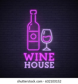 Wine House neon sign. Neon sign, bright signboard, light banner. 