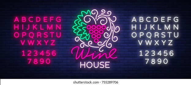 Wine house pattern ornament frame with in a trendy neon style. Logo, badge glowing banner. For the menu, bar, restaurant, wine list, wine house. Vector illustration. Editing text neon sign.
