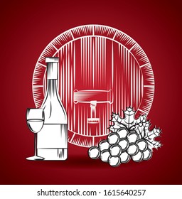 wine house poster with barrel and bottle vector illustration design