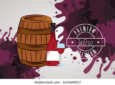 wine house poster with barrel and bottle vector illustration design