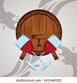wine house poster with barrel and cups vector illustration design