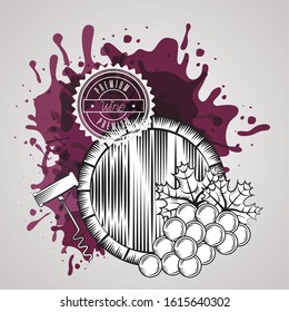 wine house poster with barrel and grapes vector illustration design