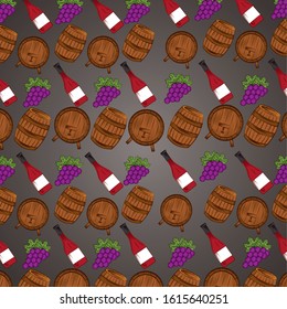 wine house poster with bottles and barrels pattern vector illustration design