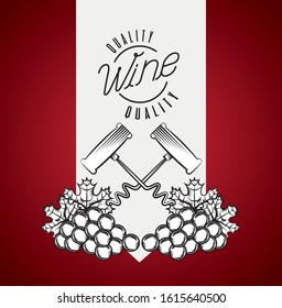 wine house poster with corkscrew and grapes vector illustration design