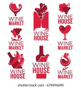 Wine house, red wine bottles and glasses, logo, emblems, labels