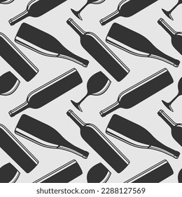 Wine House seamless pattern with wine bottles and wine glasses. Vector illustration