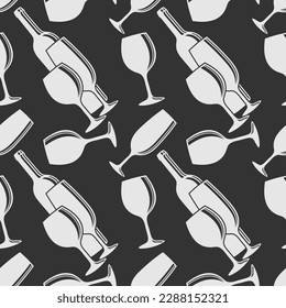 Wine House seamless pattern with wine bottles and wine glasses. Vector illustration