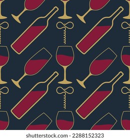 Wine House seamless pattern with wine bottles and wine glasses. Vector illustration