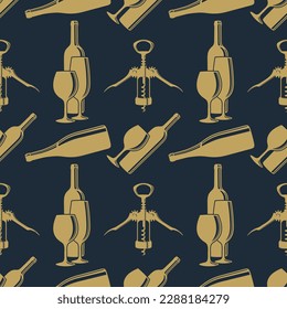 Wine House seamless pattern with wine bottles and wine glasses. Vector illustration