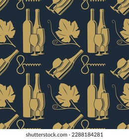 Wine House seamless pattern with wine bottles and wine glasses. Vector illustration