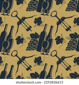 Wine House seamless pattern with wine bottles, corkscrew, grape and wine glasses. Vector illustration