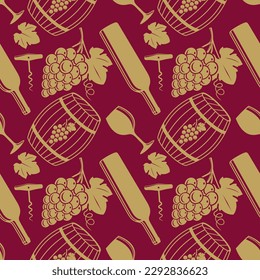 Wine House seamless pattern with wine bottles, wine barrels and wine glasses. Vector illustration