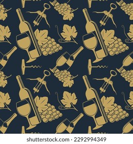 Wine House seamless pattern with wine bottles, grape and wine glasses. Vector illustration