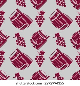 Wine House seamless pattern with wine bottles, wine barrels and wine glasses. Vector illustration