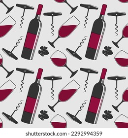 Wine House seamless pattern with wine bottles and wine glasses. Vector illustration