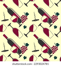 Wine House seamless pattern with wine bottles and wine glasses. Vector illustration