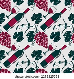 Wine House seamless pattern with wine bottles and wine glasses. Vector illustration