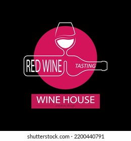 Wine house. A template with a bottle of wine and a glass of red wine for a logo, sticker, brand or label. Icon for websites and apps. Flat style