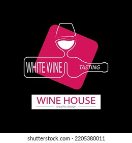 Wine house. A template with a bottle of wine and a glass of red wine for a logo, sticker, brand or label. Icon for websites and apps. Flat style