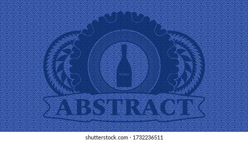 icono del vino y texto abstracto patrón japonés azul patrón realista emblema. Fondo de fantasía geométrica. Ilustración intensa. 