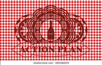 wine icon and ACTION PLAN text red checkered tablecloth realistic emblem. Restaurant fancy background. Artistic illustration. 
