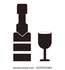 Wine icon, black silhouette, bottle and glass, simple geometric shapes, clean lines, high contrast, white background, vector graphic style, sleek design, restaurant menu symbol.