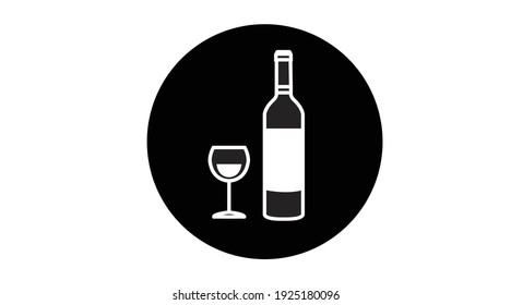 Wine Icon. Black and white wine illustration, with a bottle and a cup of wine