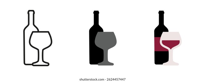 Ícone Vinho. Garrafa e ilustração vetor de vidro preenchido. Pictograma de bebidas alcoólicas que representa o serviço do vinho. Elegante símbolo de bebida para bares, restaurantes e conceitos de design de celebração.