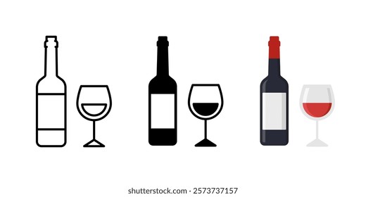 Wine icon. Wine bottle with glass vector illustration. Red wine symbol. Winery logo. Elegant alcohol drink sign. Vine bar pictogram. Chardonnay, rose, burgundy isolated concept.