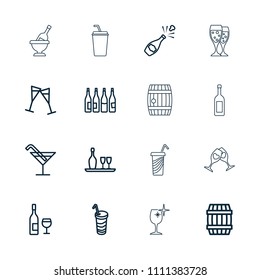 Wine icon. collection of 16 wine outline icons such as bottle, barrel, cocktail, drink. editable wine icons for web and mobile.