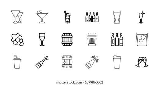 Wine icon. collection of 18 wine outline icons such as bottle, barrel, grape, opened champagne, drink, clink glasses. editable wine icons for web and mobile.