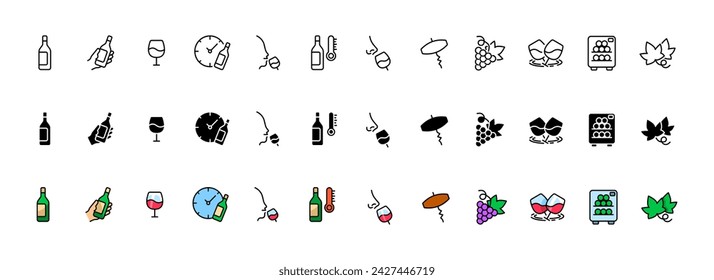 Wine icon collection. Alcohol icons. Linear, silhouette and flat style. Vector icons