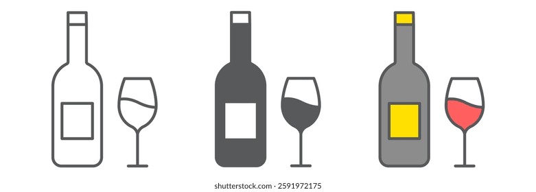 Wine icon collection, beverage and celebration, Wine bottle with wine glass vector icon set, vector graphics, editable stroke outline sign, eps 10.