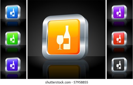 Wine Icon on 3D Button with Metallic Rim Original Illustration