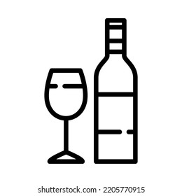 Wine icon. Outline design. Wine bottle with glass isolated on white background. For presentation, graphic design, mobile application. Vector Illustration.