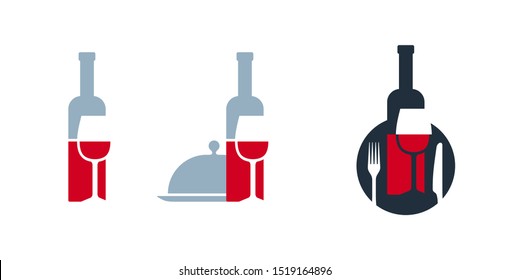 Wine icon or restaurant logo template - wine bottle and glass in form and counter-form decoration - 3 variations (wine only, with dishes, with cutlery - plate, fork and knife) 